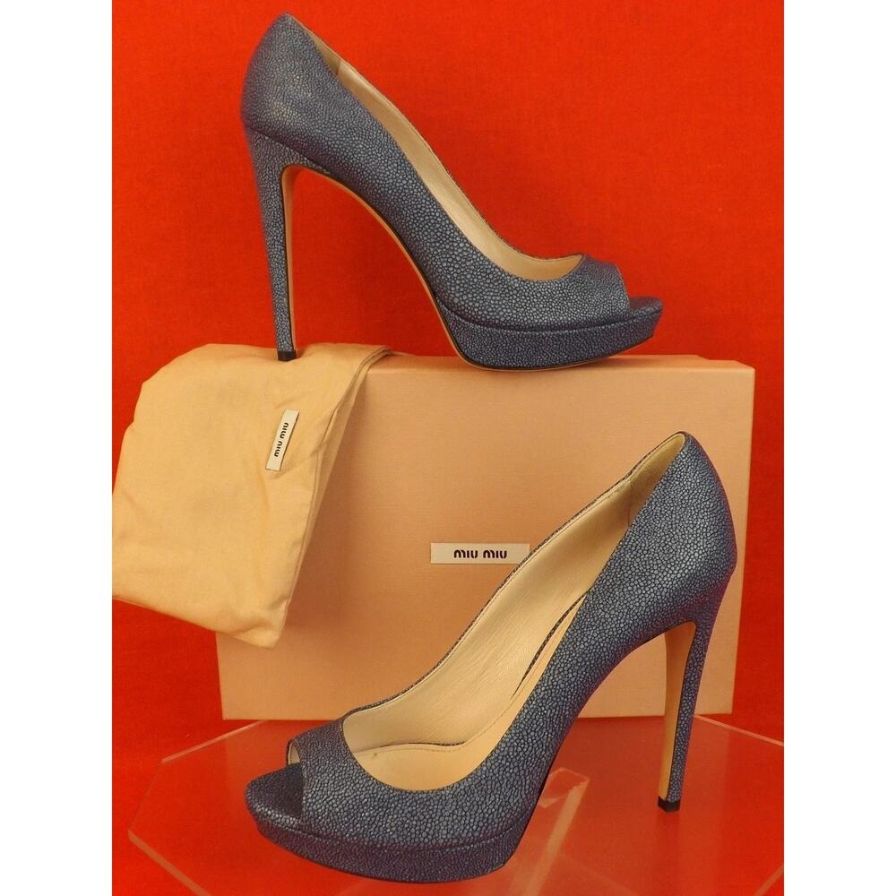 NIB MIU MIU PRADA 5KP189 BLUE STINGRAY LEATHER OPEN TOE HIGH HEEL PUMPS 40 ITALY